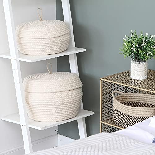 Sea Team Round Woven Cotton Rope Storage Basket with Lid, Cream | Lidded Knitted Decorative Storage Bin, Pot, Caddy, Organizer, Container for Snacks, Towels, Plants, 13 x 5.5 Inches