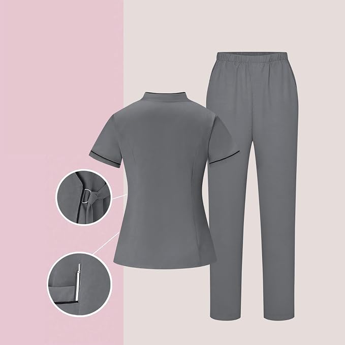Housekeeping Uniforms for Women Hotel Cleaning Nurse Scrub Sets Stretch Wrap V-Neck Short Sleeve Top and Pants