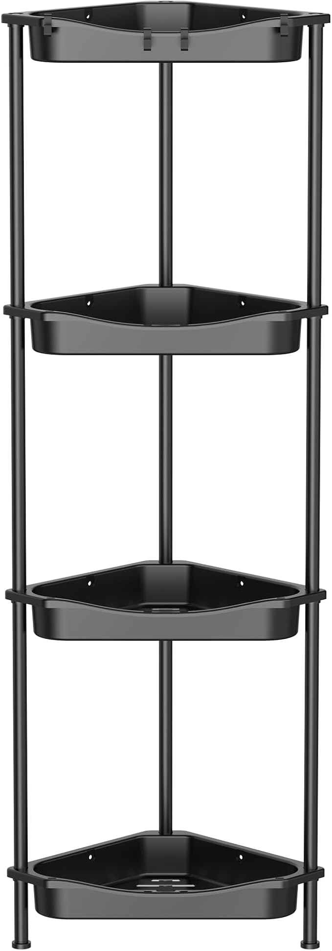 HuggieGems Metal Floor Standing Corner Shower Caddy, Jet Black, 4 Tier | Adhesive Bathroom Organizer Shelves, Free Standing Shower Rack with Hooks, Hold Large Shampoo Bottles