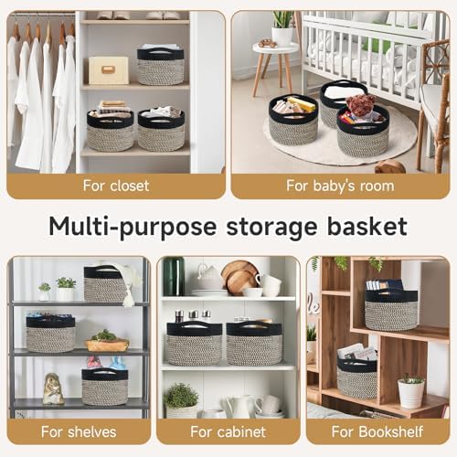 3 Pack Small Rope Storage Baskets, 9.82×9.82×7.1", Brown+Black | Cotton Basket for Gifts Empty, Cute Round Woven Basket, Decorative Shelf Basket Organizer, Organizing Basket for Shelves