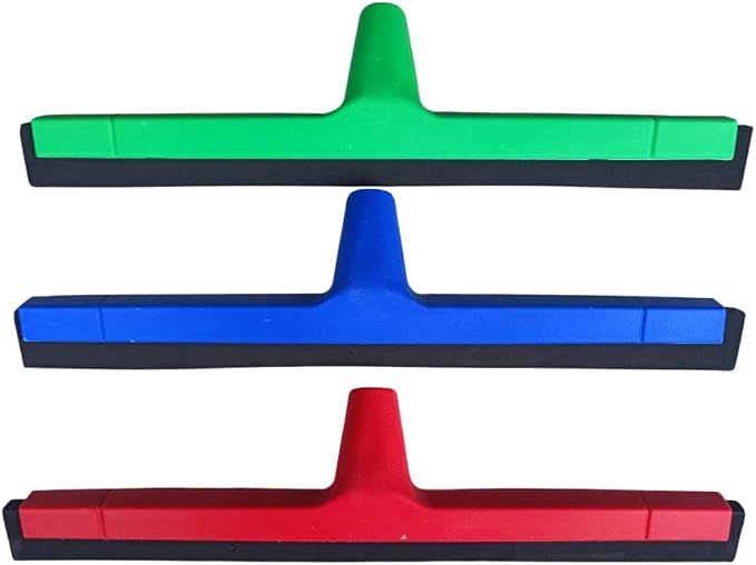 3-Pack 17” Foam Floor Squeegee Heads – Made with Recycled Plastic – EVA Foam Edge for Tight Floor Contact – Universal 7/8” Thread – Red, Blue & Green – Heavy-Duty Water Push Squeegee.