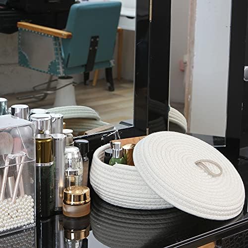 Sea Team Round Woven Cotton Rope Storage Basket with Lid, Cream | Lidded Knitted Decorative Storage Bin, Pot, Caddy, Organizer, Container for Snacks, Towels, Plants, 10 x 4.5 Inches