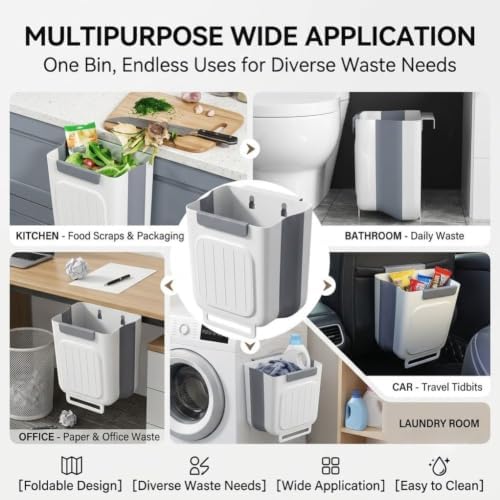 Foldable Kitchen Trash Can, Hanging Collapsible Trash Can，L,Grey | Multipurpose Wall-Mounted Folding Waste Bin, Space-Saving Expandable Garbage Basket Hangs on Cabinet Door for Food Prep Peels