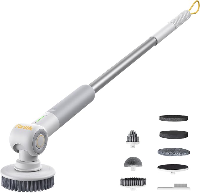 Fanttik Flip G9 Pro Electric Scrubber, VoltiPulse Motor, for Bathroom | Dual-Speed Cleaner with 6 Brush Heads, Adjustable Angle & Extendable Handle, IPX7 Waterproof, Type-C Charge, White