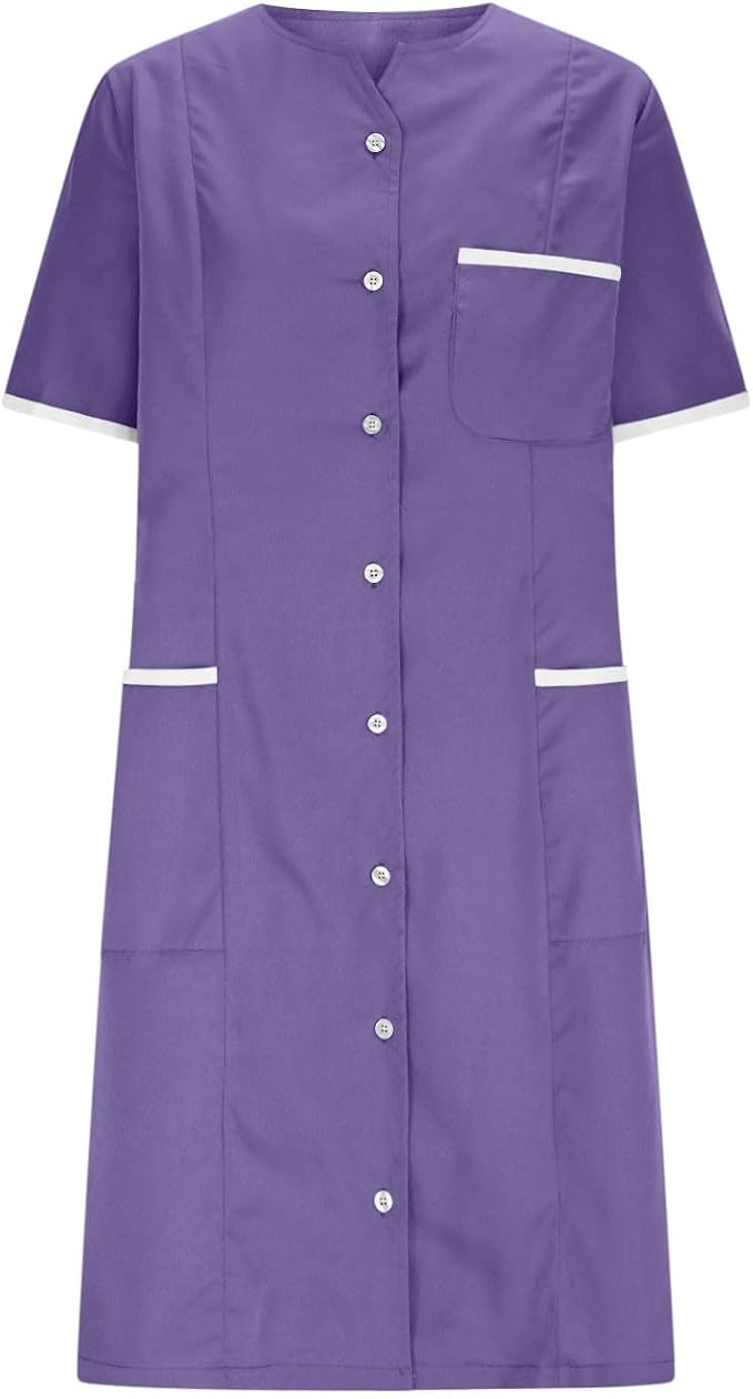 Scrubs Dress for Women - Button Front Nursing Workwear - Casual Housekeeping Dresses with Pockets
