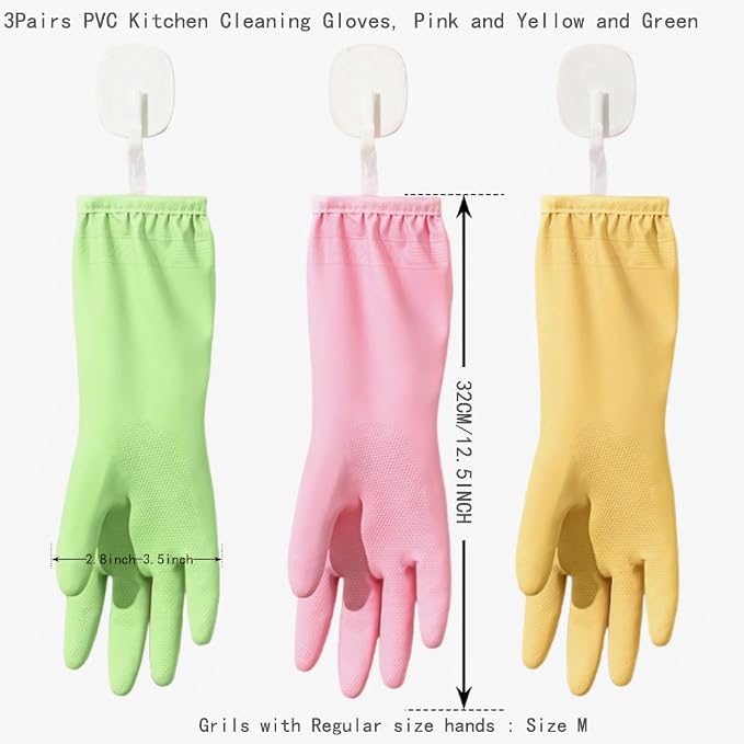 3 Pairs Dishwashing Gloves for Women, Soft Skin-Friendly Rubber Kitchen Gloves for Dish Washing & Cleaning