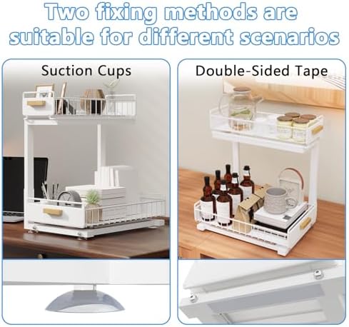 Under Sink Organizer Kitchen - Upgraded Professional Rails, 2 Tier Dual Pull Out Cabinet Storage, Height Adjustable Under Sink Storage, Metal Sliding Drawer for Kitchen & Bathroom, White, 2 Pack