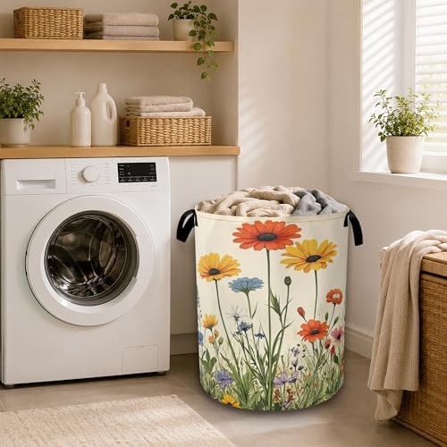 Daisy Wildflowers Large Laundry Basket, Foldable Laundry Hamper with Waterproof Coating and Reinforced Handles, Clothes Storage Bin for Dorm Bedroom