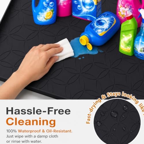 34"x22" Waterproof Cabinet Protector Silicone Under Sink Tray(Black) | Thick Silicone Under Sink Drip Tray with Protective Lip, Flexible Anti-Slip Mat for Kitchen, Bathroom, Laundry & RV