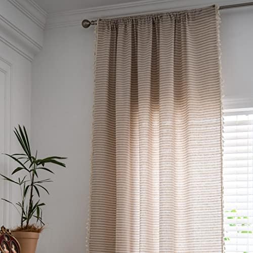 Sutuo Home Boho Curtain 84 Inches Length, Beige Stripes Print Curtain with Handmade Tassels, Rod Pocket Window Treatment Vintage Rustic Bohemian Farmhouse Drape for Bedroom 1 Panel 59" W x 84" L