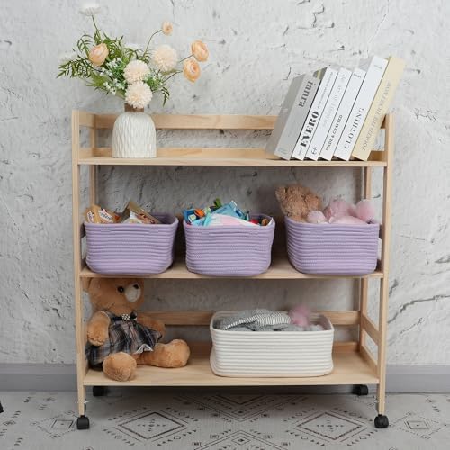 XUANGUO Small Woven Storage Baskets for Shelves, 12" x 8" x 5", Purple | Decorative rope storage bins for closets and toy storage; cute organizer baskets, empty gift baskets and nursery storage.