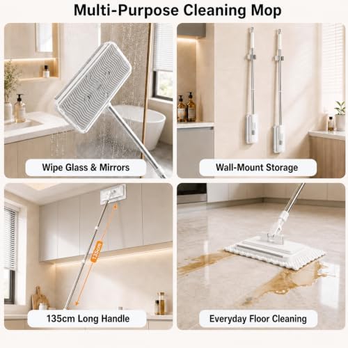 Hands Free Flat Mop with 5 Reusable Pads, One-Click Cloth Release, 53-Inch Extendable Stainless Steel Handle, Microfiber Mini Mop with Wall Holder for Hardwood, Tile, Bathroom, Kitchen and Glass