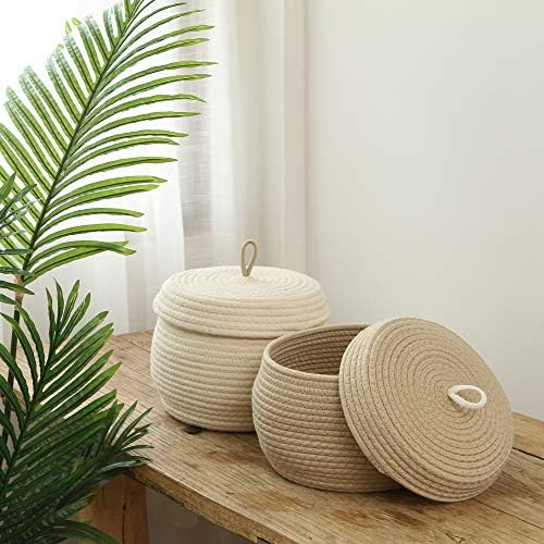 Sea Team Round Woven Cotton Rope Storage Basket with Lid, Khaki | Lidded Knitted Decorative Storage Bin, Pot, Caddy, Organizer, Container for Snacks, Towels, Plants, 10 x 7.5 Inches