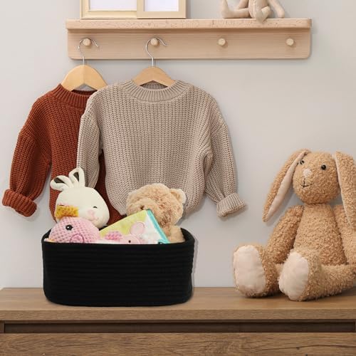 XUANGUO Small Woven Storage Baskets for Shelves, 13" x 9" x 5", Black | Decorative rope storage bins for closets and toy storage; cute organizer baskets, empty gift baskets and nursery storage.