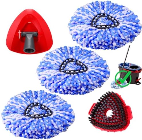 RinseClean Spin Mop Heads Replacement Mop Scrub Brush Compatible with O Cedar RinseClean 2 Tank System, 3 Pack Microfiber Refills, 1 Spin Base, 1 Scrubber Head for O-Cedar Rinse Clean Mop