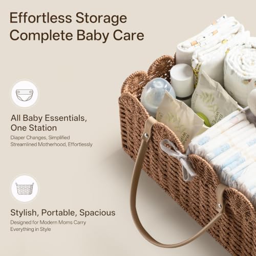HBlife Baby Diaper Caddy, Paper Rope Storage Baskets Nursery Bin with Removable Divider, Portable Car Organizer for Diapers, Baby Shower Gifts, Newborn Essentials Must Haves