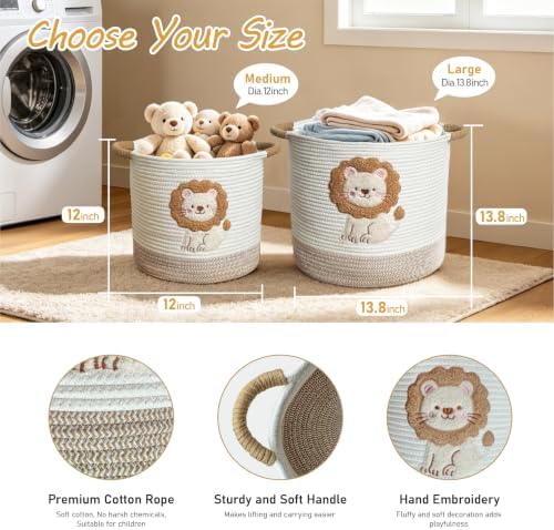 Cute Nursery Bin, Baby Toy Organizer (13.8"x13.8"), Storage Basket for Organizing, Woven Rope Basket for Shelves, Cute Baskets with Handle for Nursery, Playroom (Lion, Large)