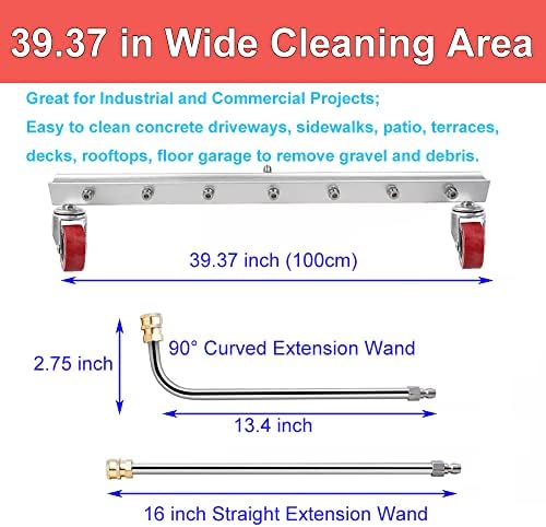 39 inch Water Broom Pressure Washer Surface Cleaner 4000 Psi Power Broom Sweeper with 7 Nozzles 2 Extension Wand for Concrete Driveway Sidewalk Deck, Roof Floor Cleaning (39 INCH)