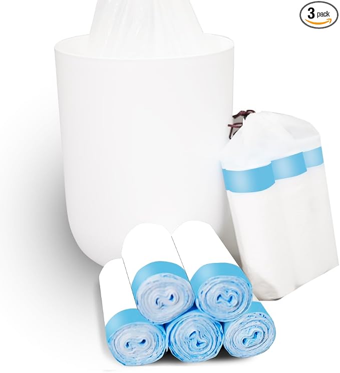 Small Garbage Bags, 1.2 Gallon Trash Bags for Bathroom Trash Can Liners with Drawstring 60 Counts, Waste Basket Trash Bags Auto Shrink, White