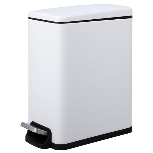 Slim Narrow Kitchen Trash Can with Lid, 10L Stainless Steel Step Pedal Garbage Can, Soft Close & Stay Open Lid Design, Space Saving Trash Bin with Removable Inner Bucket for Kitchen, Bathroom,White