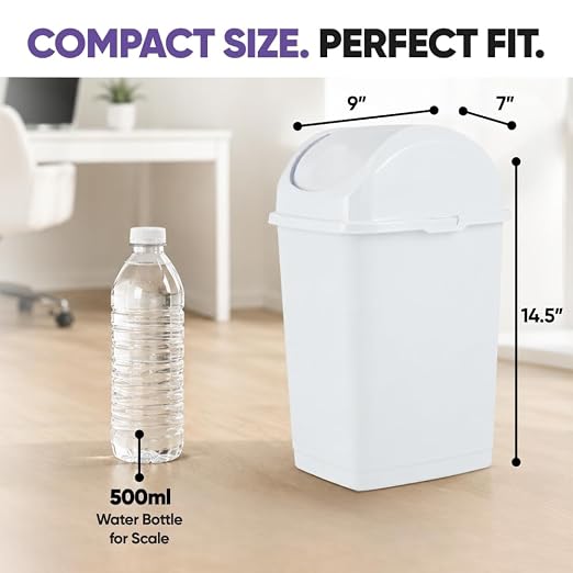 Superio Small 2.5 Gallon Plastic Trash Can with Swing Top Lid, Compact Slim Waste Bin for Under Desk, Office, Bedroom, Bathroom, Dorm Room, 10 Qt. Portable Garbage Can (White)