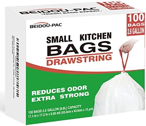 BEIDOU-PAC Trash Bags 2.6 Gallon Drawstring, 100 Count, Multifold Roll Garbage Bags, Small Kitchen Trash Bags, Odorless & Extra Thick White Plastic Food Scrap Bag for Home Office Bathroom Kitchen Bins