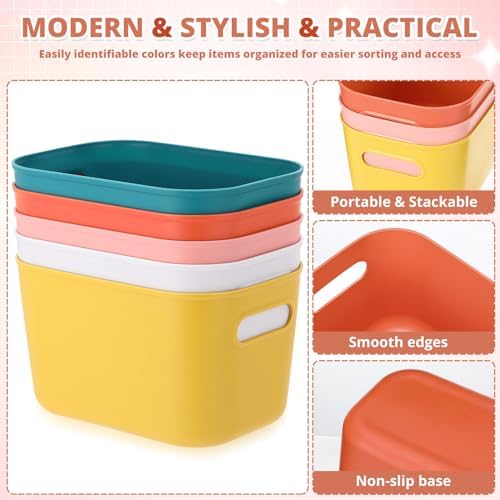 10 Pack Plastic Storage Bins for Classroom Organization School Supplies | 9.7" x 6.9" x 5.7" Small Colorful Bins, Built in Handles, Stackable Design, Teacher Desk Use, Home School Library Ready