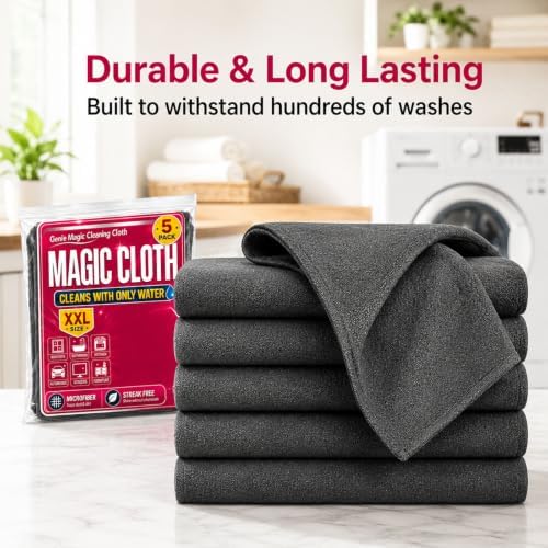 5 Pack Thickened Genie Magic Cleaning Cloth, XXL Microfiber Magic Cloth for Stainless Steel, Glass, Mirrors, Windows, Kitchen, Bathroom, Car & Screens, Reusable Lint Free Streak Free Cleaning Towels