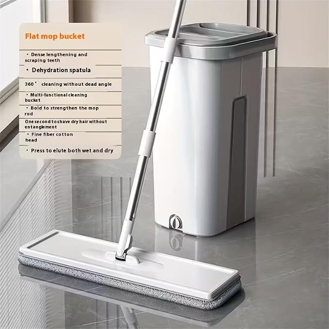 Mop and Bucket Set with AUTO Pump, 3-Zone Separate Dirty and Clean Water, Flat Mop and Bucket System with Wringer and Wheels, 2 Reusable Microfiber Pads, One-Touch Water Filling for Home Cleaning