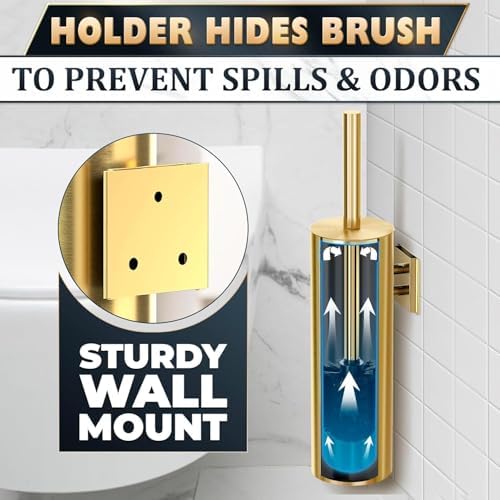 Gold Toilet Brush and Holder Set, Stainless Steel (Wall Mounted) | Toilet Brush with Holder Set, Splash Protection & Dense Bristles, Strong Vacuum Suction, Scratch- and Corrosion-Resistant