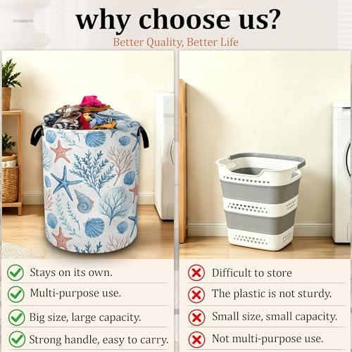 Summer Seashells Coral Waterproof Laundry Basket with Handles, Foldable Clothes Hamper, Large Capacity Laundry Organizer Bin for Bedroom Bathroom Dorm Room