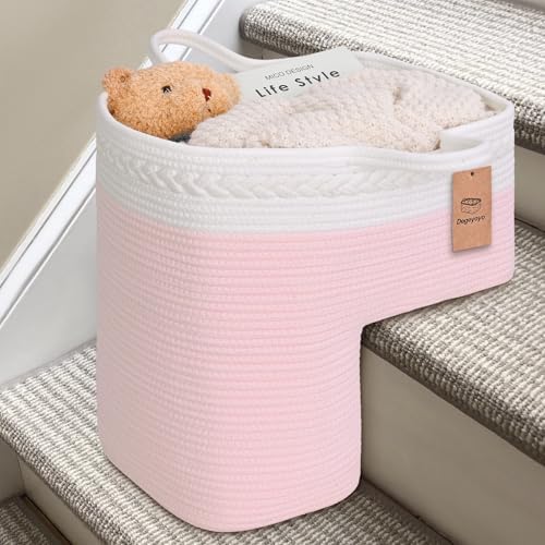 Stair Basket for Wooden & Carpeted Stairs, Foldable Cotton Rope Step Basket with Handles, Staircase Storage Organizer, Pink, 15" Lx 10" W x 15" H