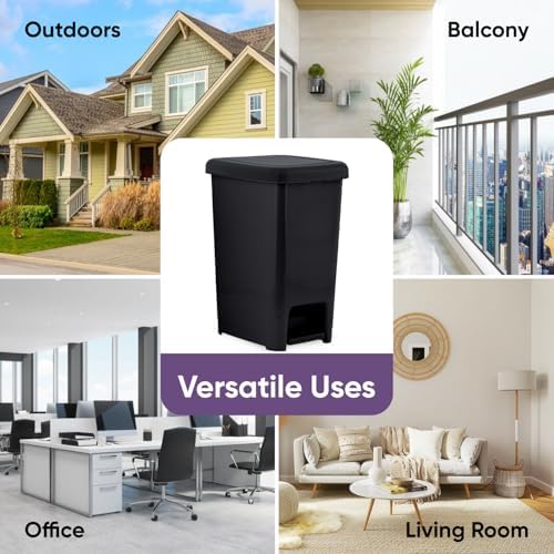 Superio Slim Step On Trash Can 6.5 Gallon, Black Waste Bin with Foot Pedal Lid 26 Liter, Kitchen, Under Desk, Office, Bedroom, Bathroom