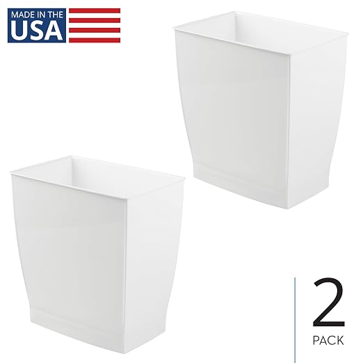iDesign Small Plastic Bathroom Trash Can, Slim Rectangle, 2-Pack, White | Garbage Bin for Bedroom, Office, Dorm