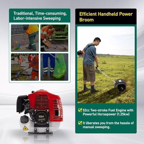 Portable Held Gas Power Broom 52cc Gasoline 2 Stroke Engine Power Snow Sweeping Broom Cleaner Tools for Cleaning Driveway Turf Lawns Artificial Grass