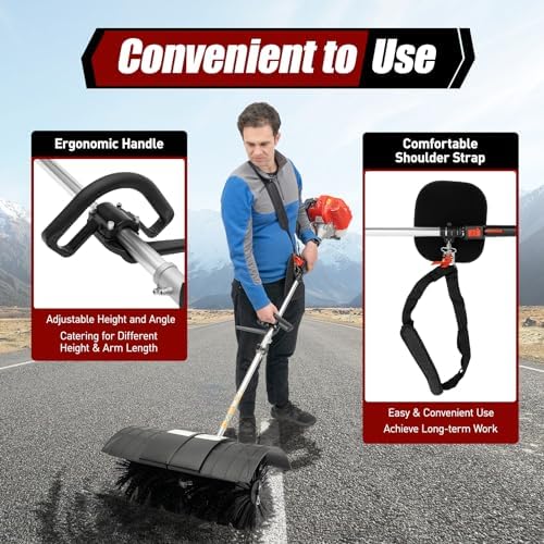 52CC 2-Stroke Gas Handheld Sweeper, 2.3HP Engine Power Snow Sweeping Broom Cleaning Driveway Turf Lawns, Portable Artificial Grass Brush Power Broom Sweeper Cleaner Tools