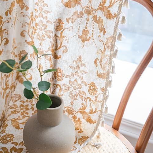 Sutuo Home Boho Curtains 84 Inches Length for Bedroom Living Room, Printed Moroccan Cotton Linen Rod Pocket Rustic Farmhouse Bohemian Tassels Window Treatment, 1 Panel 59" W x 84" L, Brown Damask