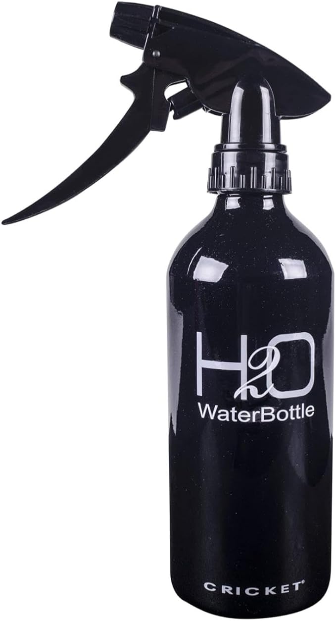 Cricket H2O Water Spray Bottle for Hair, Sparkle Black, 13.5 oz | Continuous Stream, Adjustable Nozzle, Durable Aluminum, Refillable