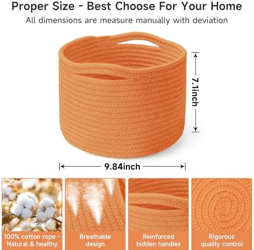 3 Pack Small Rope Storage Baskets, 9.82×9.82×7.1", Orange | Cotton Basket for Gifts Empty, Cute Round Woven Basket, Decorative Shelf Basket Organizer, Organizing Basket for Shelves