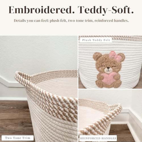 Pink Teddy Bear Baby Storage Basket, Cotton Rope Nursery Bin, 15x11 in | Stuffed Animal and Blanket Storage, Embroidered Bear Patch, Baby Girl Room Decor, Gift, Kids Playroom Organizer