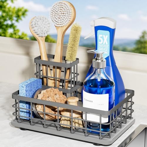 Kitchen Sink Organizer, Large Sink Caddy with Sponge Holder & Diatomite Mat | Cleaning Supplies in One Place, Kitchen Countertop Organizer, Home Essentials, Brush Holder, Quick Dry Tray, Fewer Puddles
