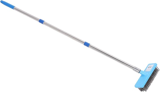FTVOGUE Telescopic Wire Broom, Heavy Duty Moss Grime Scrubbing Brush for Patio Deck Stainless Steel PP 20cm Brush Head 120cm Length 3 Section Handle Outdoor Cleaner