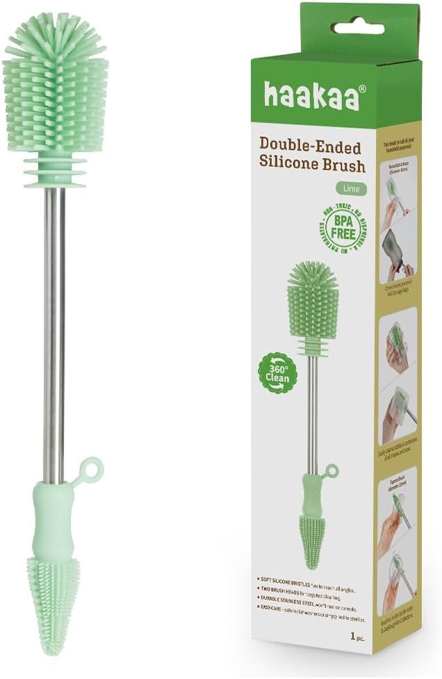 Haakaa Food-Grade Silicone Double-Ended Cleaning Brush (Brush-Lime) | Household Cleaning Brushes Food-Grade Silicone Dishwasher Safe