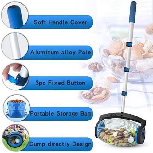 Zozen Nut Gatherer,Walnut Picker Upper,Side Opening Dump,1.5 Gallon | Telescopic Handle, 3/4''-2''Objects Size, Nut Roller Also Apply to Pecan, Hickory Nuts, Chestnuts, Buckeyes, Golf, Butternuts