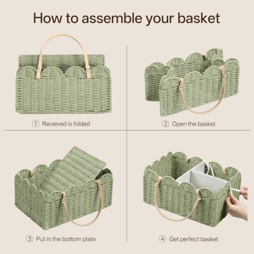 HBlife Large Baby Diaper Caddy, Paper Rope Scalloped Storage Baskets Nursery Bin with Removable Divider, Portable Car Organizer for Diapers, Baby Shower Gifts, Newborn Essentials Must Haves, Green