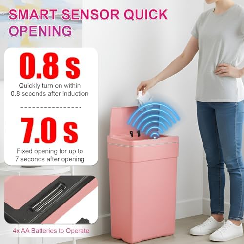 PayLessHere | 13 Gallon Plastic Trash Can with Lid | Pink | Automatic Touchless Garbage Can | Waterproof & Easy to Clean | For Kitchen, Bathroom, Home or Office | Pack of 3