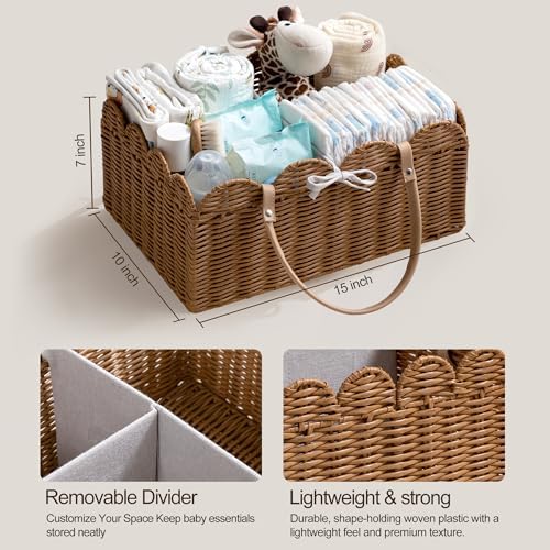 HBlife Baby Diaper Caddy Organizer, Large Portable Scalloped Plastic Wicker Woven Basket with Divider, Nursery Diaper Station, Baby Shower Gifts Basket, Car Organizer, Washable Waterproof