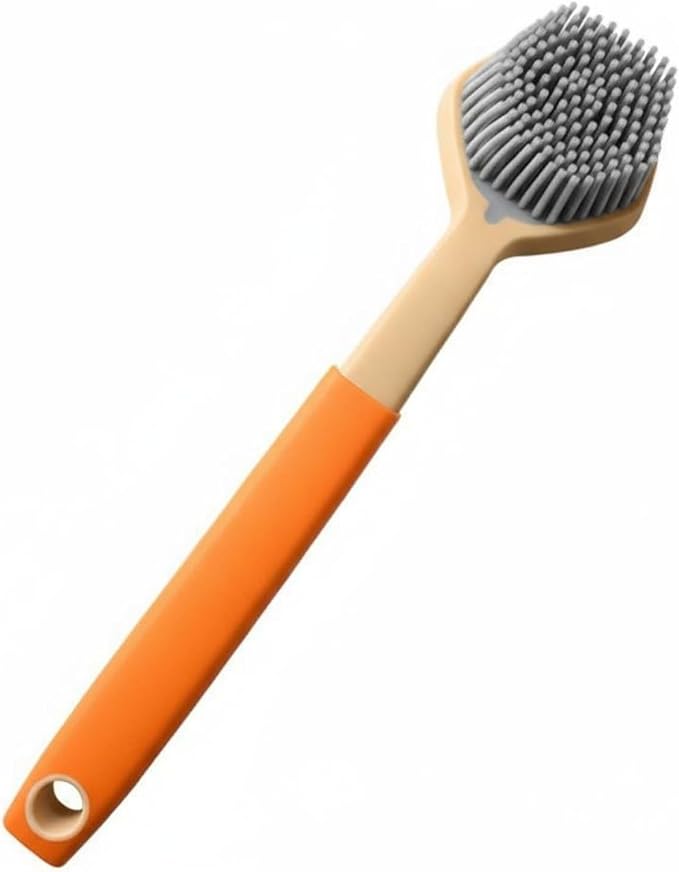 Silicone Dish Brush Kitchen Scrubber Pot Cleaner Pan Long Handle Soft Silicone Bristles Non Slip Grip Suitable for Home Cleaning Dish Washing Office Break Rooms, Orange