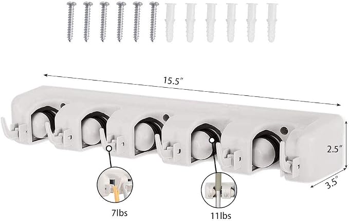 C-CHAIN Mop and Broom Holder, 5 Position with 6 Hooks Garage Storage Holds up to 11 Tools, Multipurpose Wall Mounted Tool Rack Organizer for Kitchen Garage