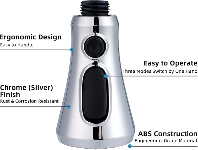 Hibbent Pull Down Spray Head for Kitchen Faucet, 3-Function Spray Nozzle | NSF/ANSI/CAN 61/372 & cUPC Certified Sink Faucet Head Replacement, 15 Adapters, Compatible with Moen, Delta, Kohler, Chrome